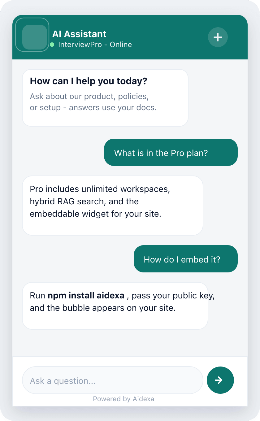 Aidexa assistant chat UI with welcome message, grounded Q and A, and message input